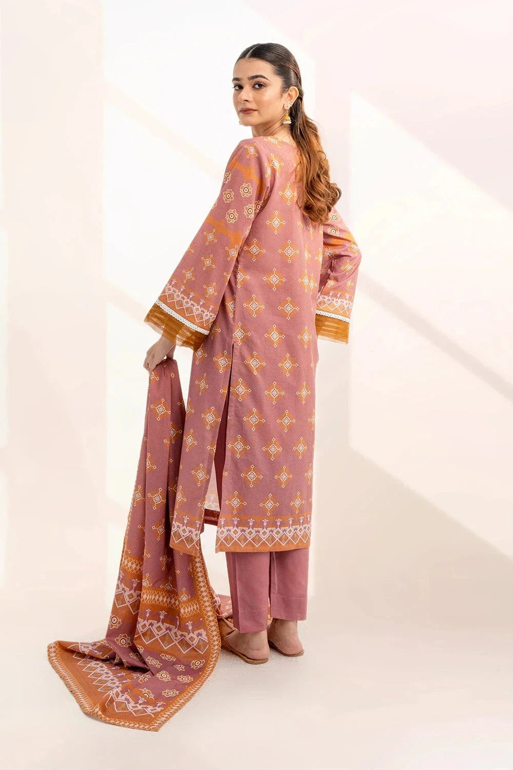 Printed Linen Peach Stitched Suit - Khas