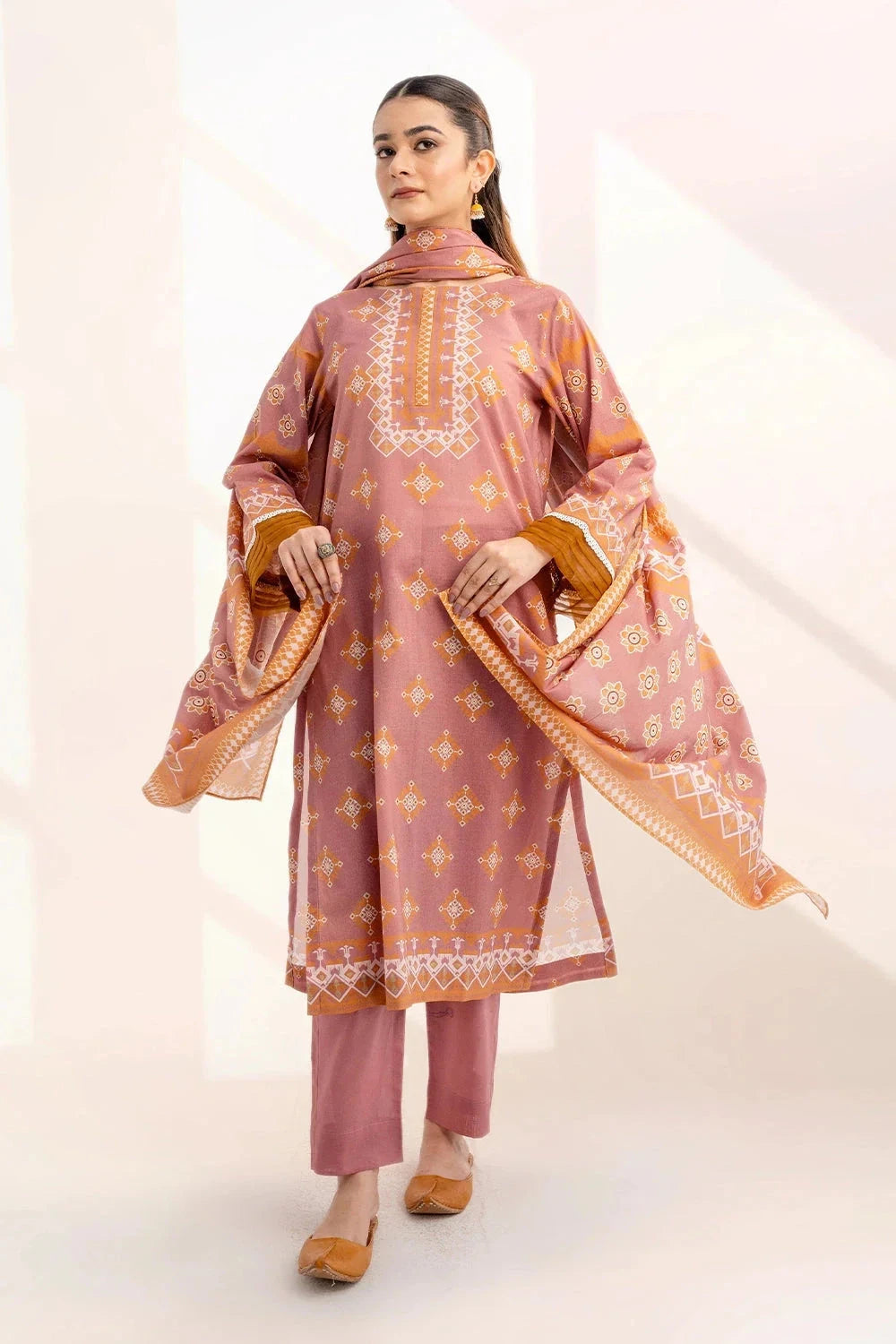 Printed Linen Peach Stitched Suit - Khas