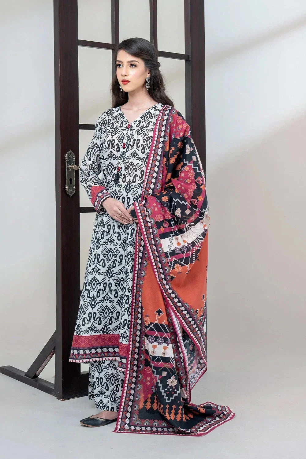 Printed Linen White & Black Stitched Suit - Khas
