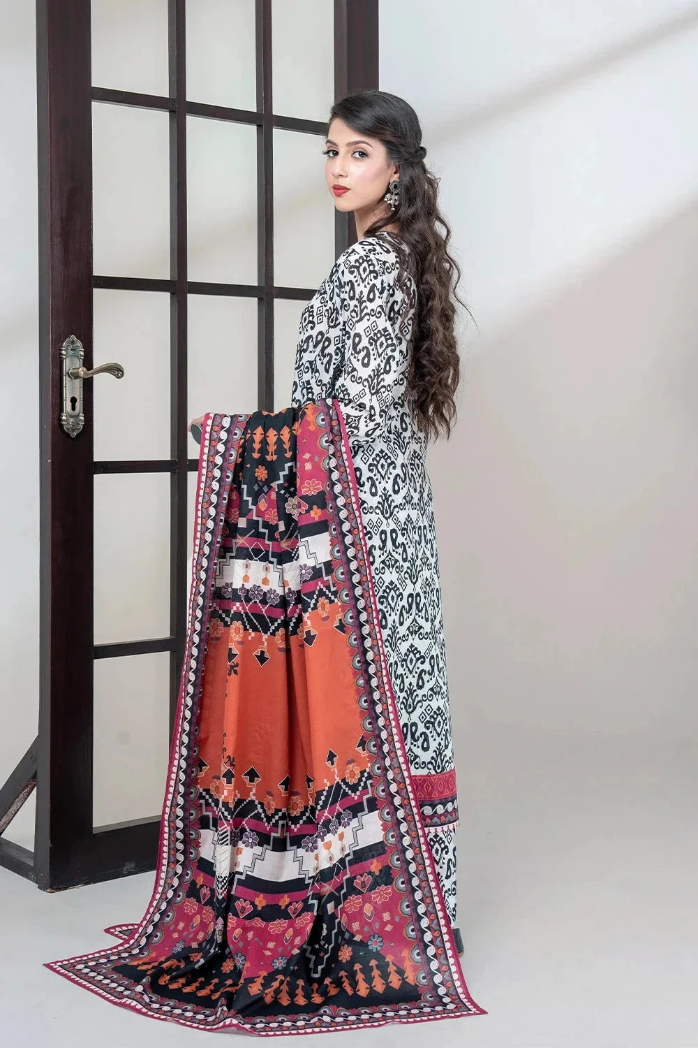Printed Linen White & Black Stitched Suit - Khas