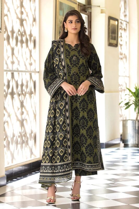 Printed Linen Venom Green Stitched Suit - Khas