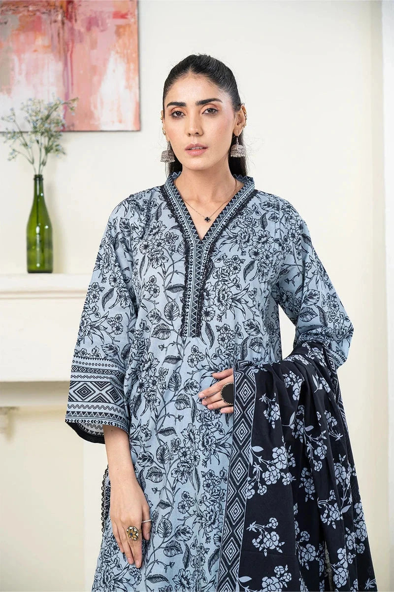 Printed Linen Dark Grey Stitched Suit - Khas