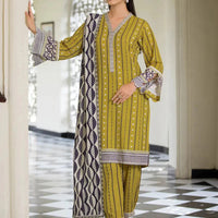 Printed Linen Brass Stitched Suit - Khas