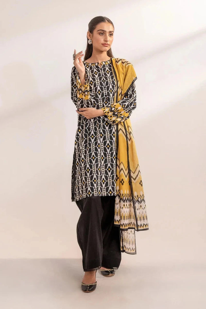 Printed Linen Black Stitched Suit - Khas