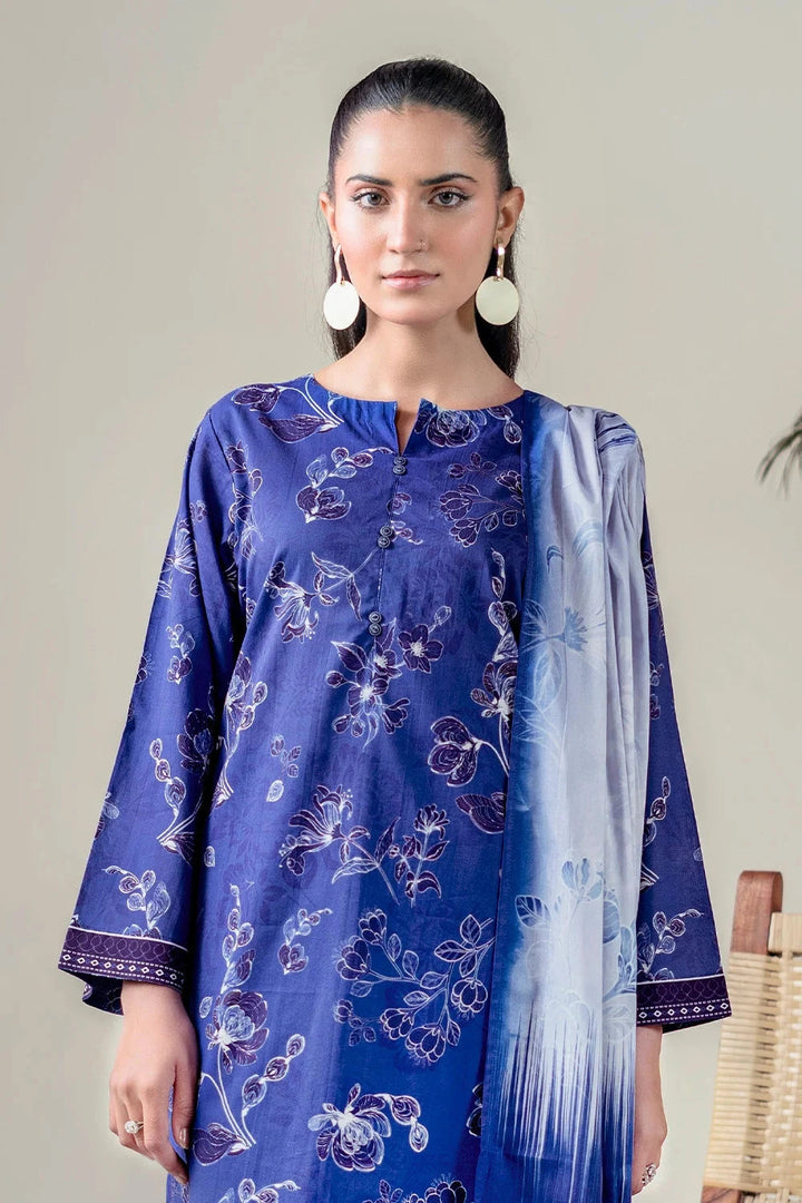 Printed Lawn Denim Blue Stitched Suit - Khas