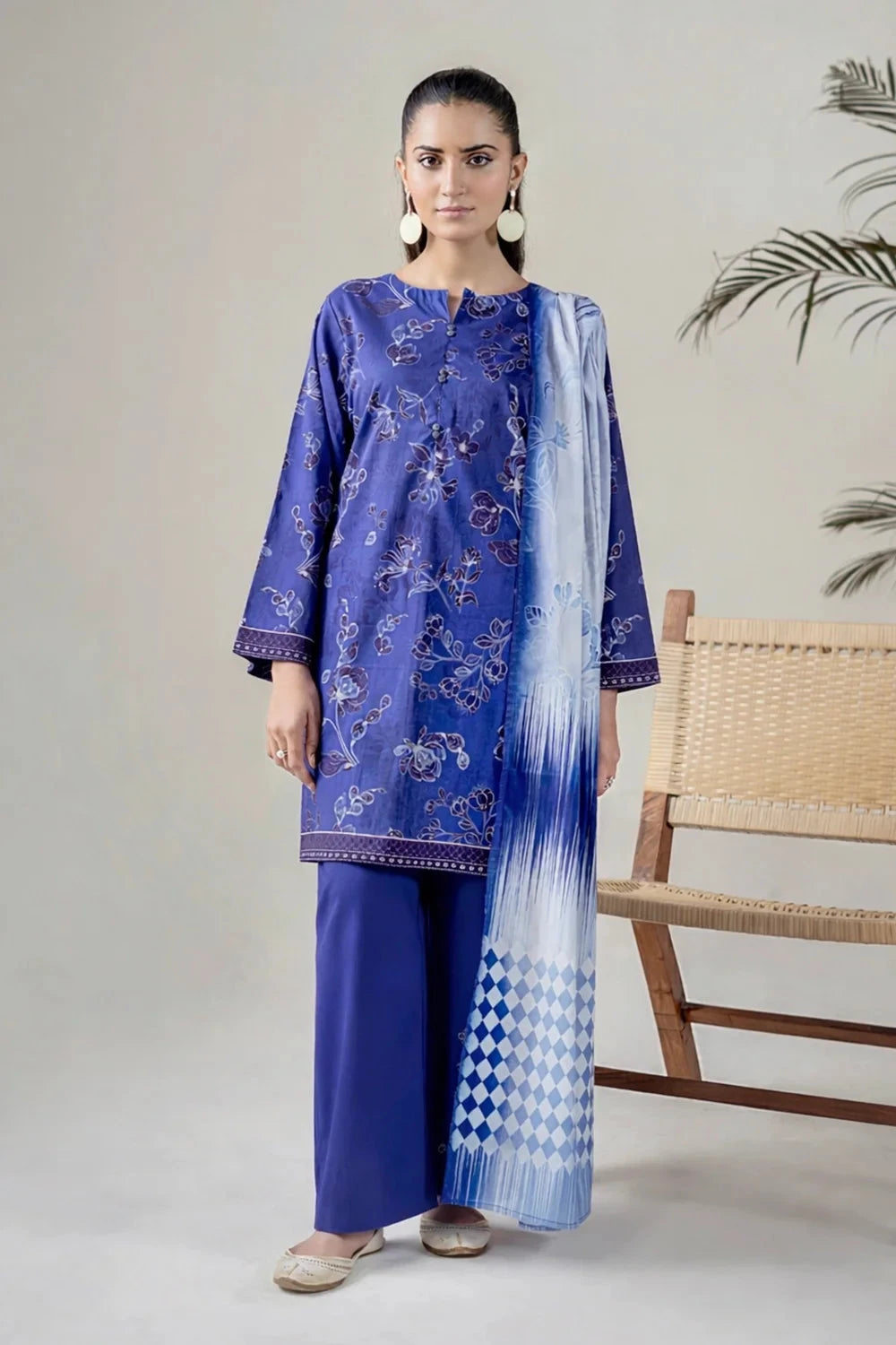 Printed Lawn Denim Blue Stitched Suit - Khas