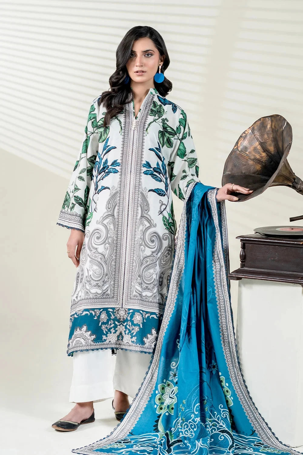 Printed Lawn Ash White Stitched Suit - Khas