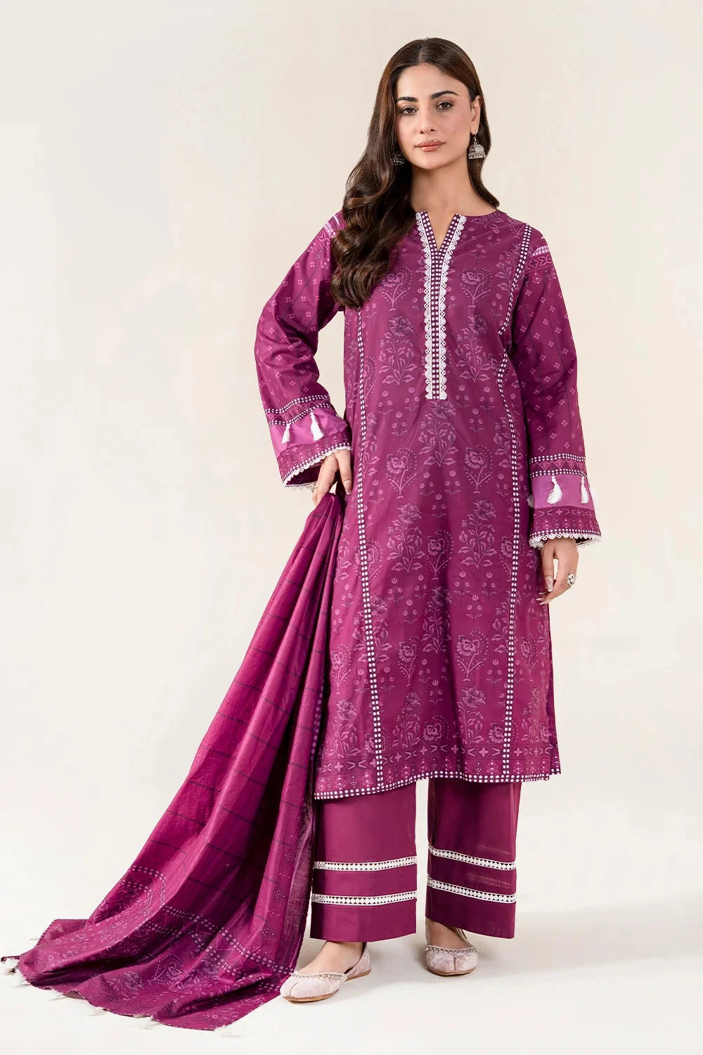 Printed Lawn Plum Stitched Suit - Khas