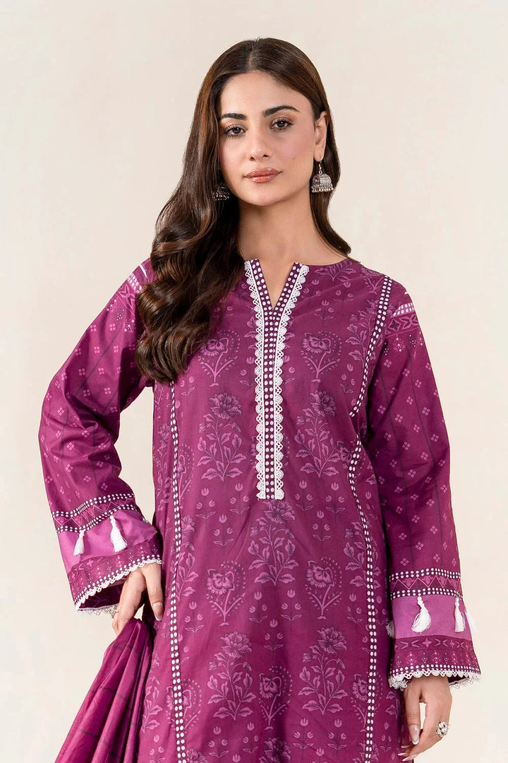 Printed Lawn Plum Stitched Suit - Khas