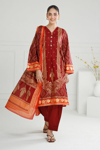 Lawn Gold Printed Maroon Stitched Suit - Gul Ahmed