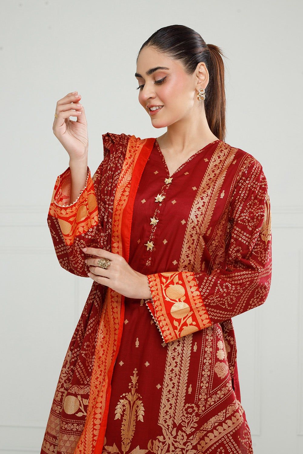 Lawn Gold Printed Maroon Stitched Suit - Gul Ahmed