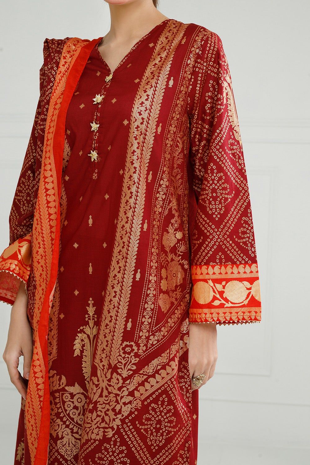 Lawn Gold Printed Maroon Stitched Suit - Gul Ahmed