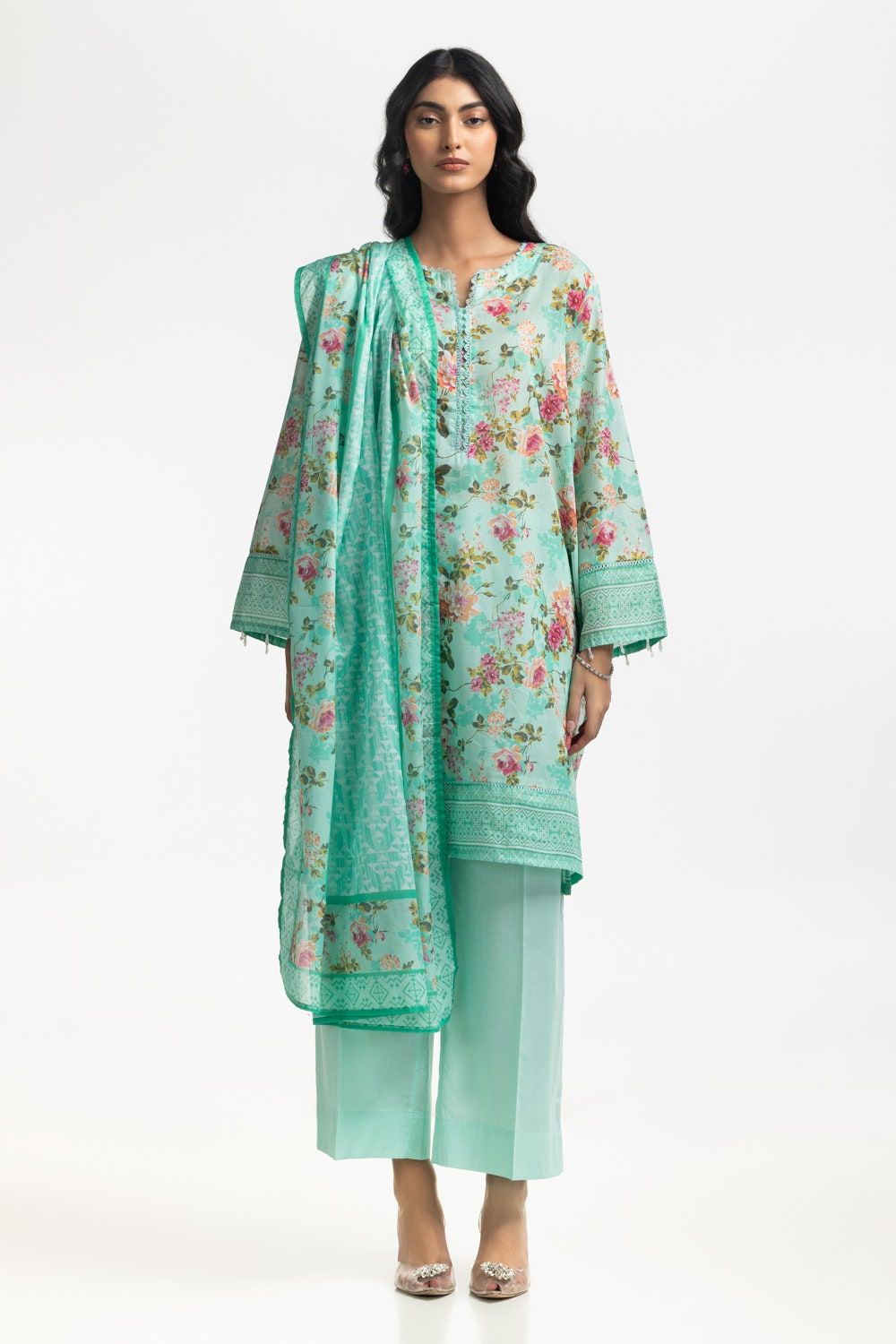 Lawn Printed Embroidered Green Stitched Suit - Gul Ahmed