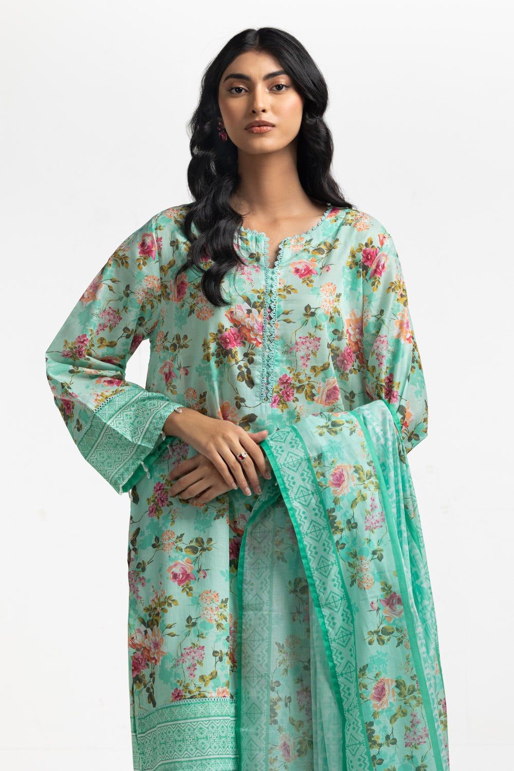 Lawn Printed Embroidered Green Stitched Suit - Gul Ahmed