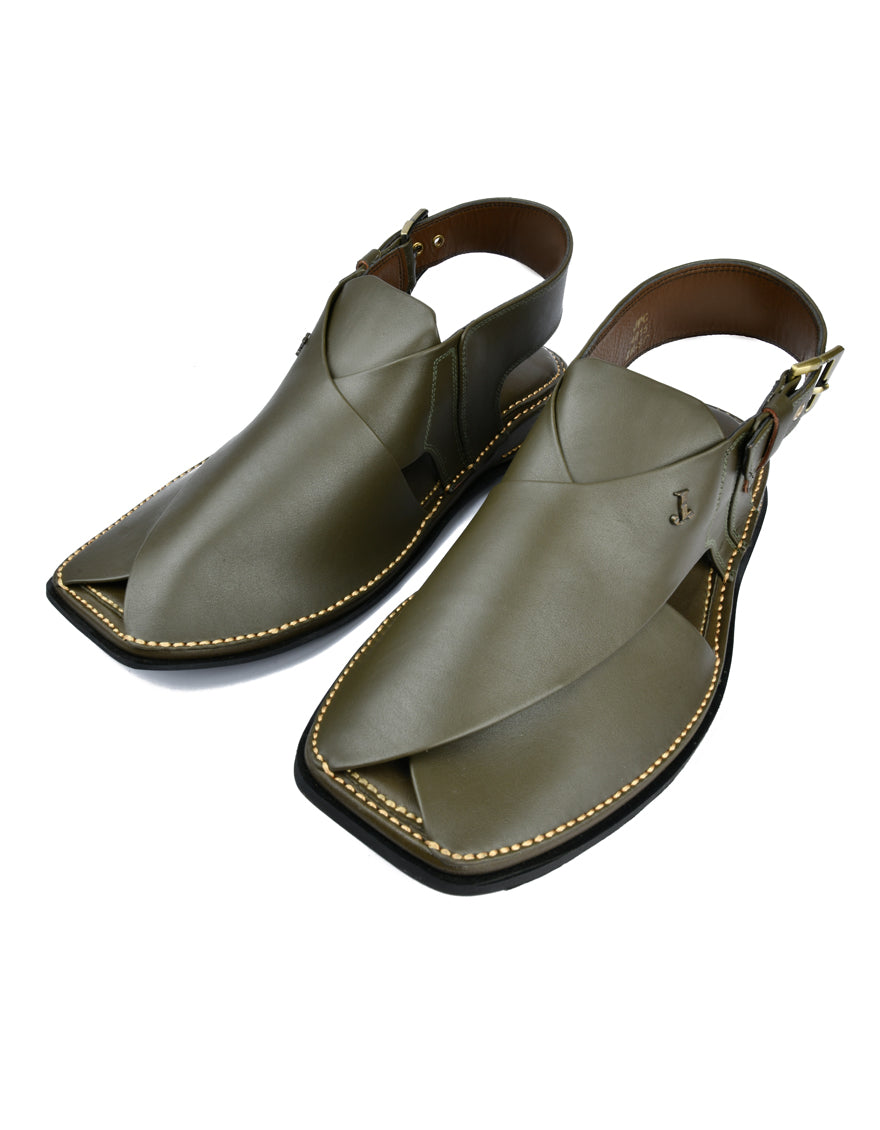 Plain Green Peshawari Chappal - J. Junaid Jamshed