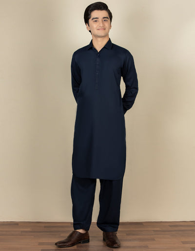 Blended Navy Blue Shalwar Kameez - J. Junaid Jamshed