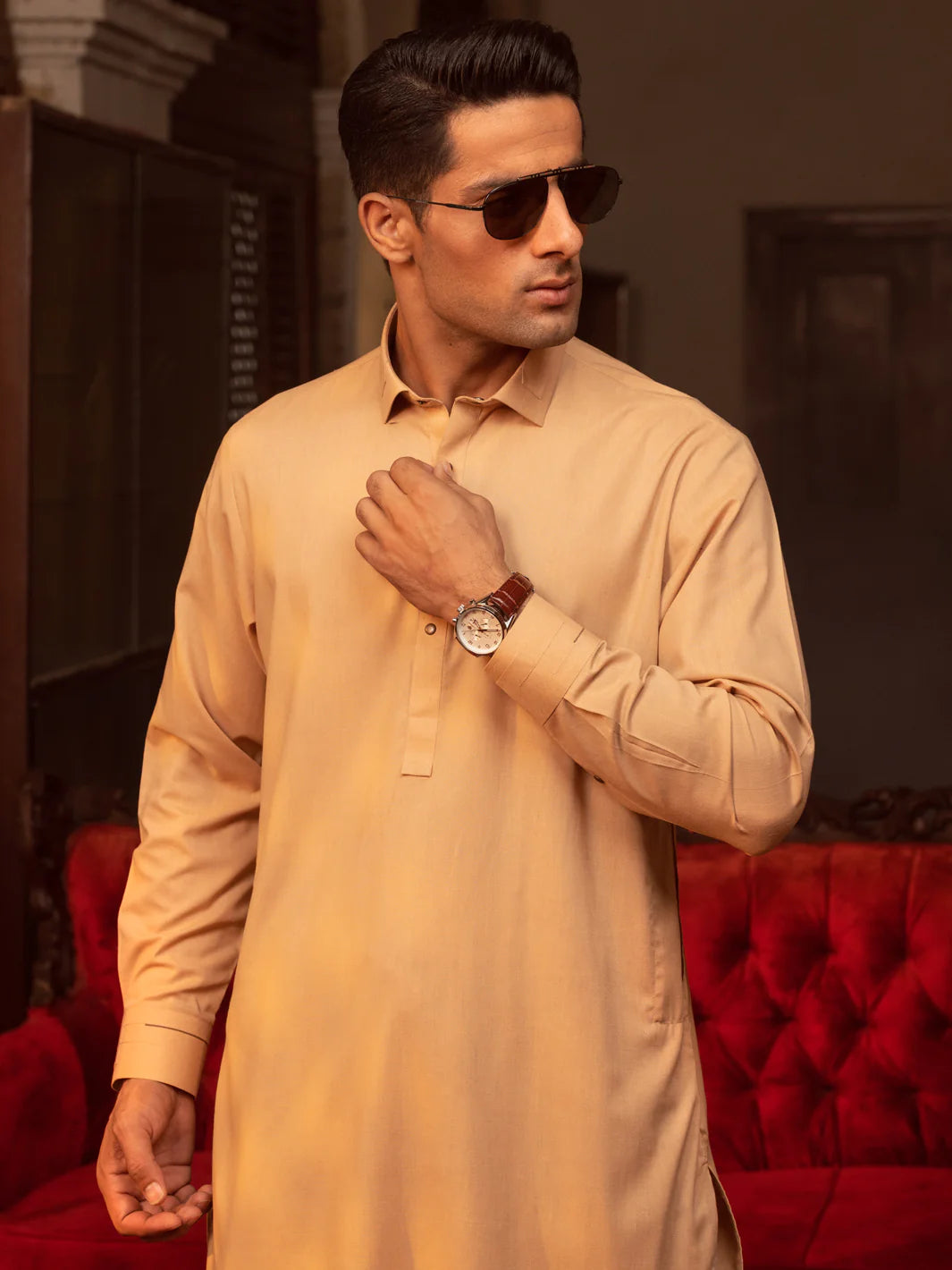 Blended Beige Kurta Shalwar - Wasim Akram by J. Junaid Jamshed