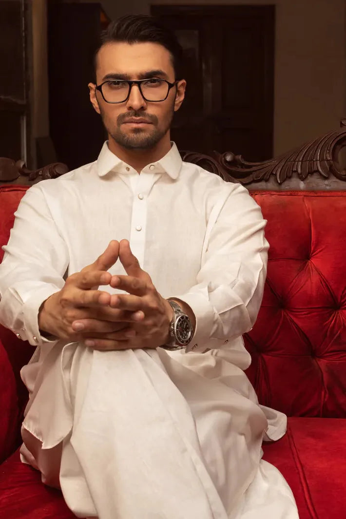 Blended White Kurta Shalwar - Wasim Akram by J. Junaid Jamshed