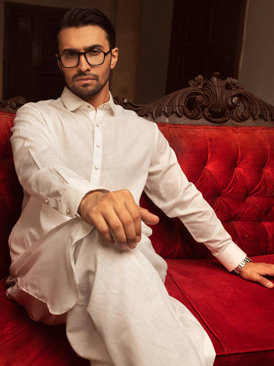 Blended White Kurta Shalwar - Wasim Akram by J. Junaid Jamshed