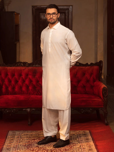 Blended White Kurta Shalwar - Wasim Akram by J. Junaid Jamshed