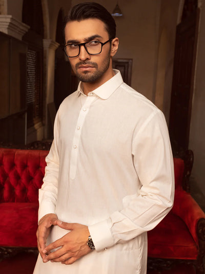 Blended White Kurta Shalwar - Wasim Akram by J. Junaid Jamshed