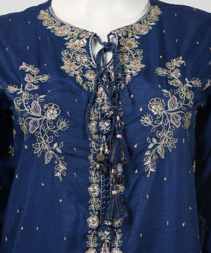 Raw Silk Royal Blue Stitched Suit - J. Junaid Jamshed