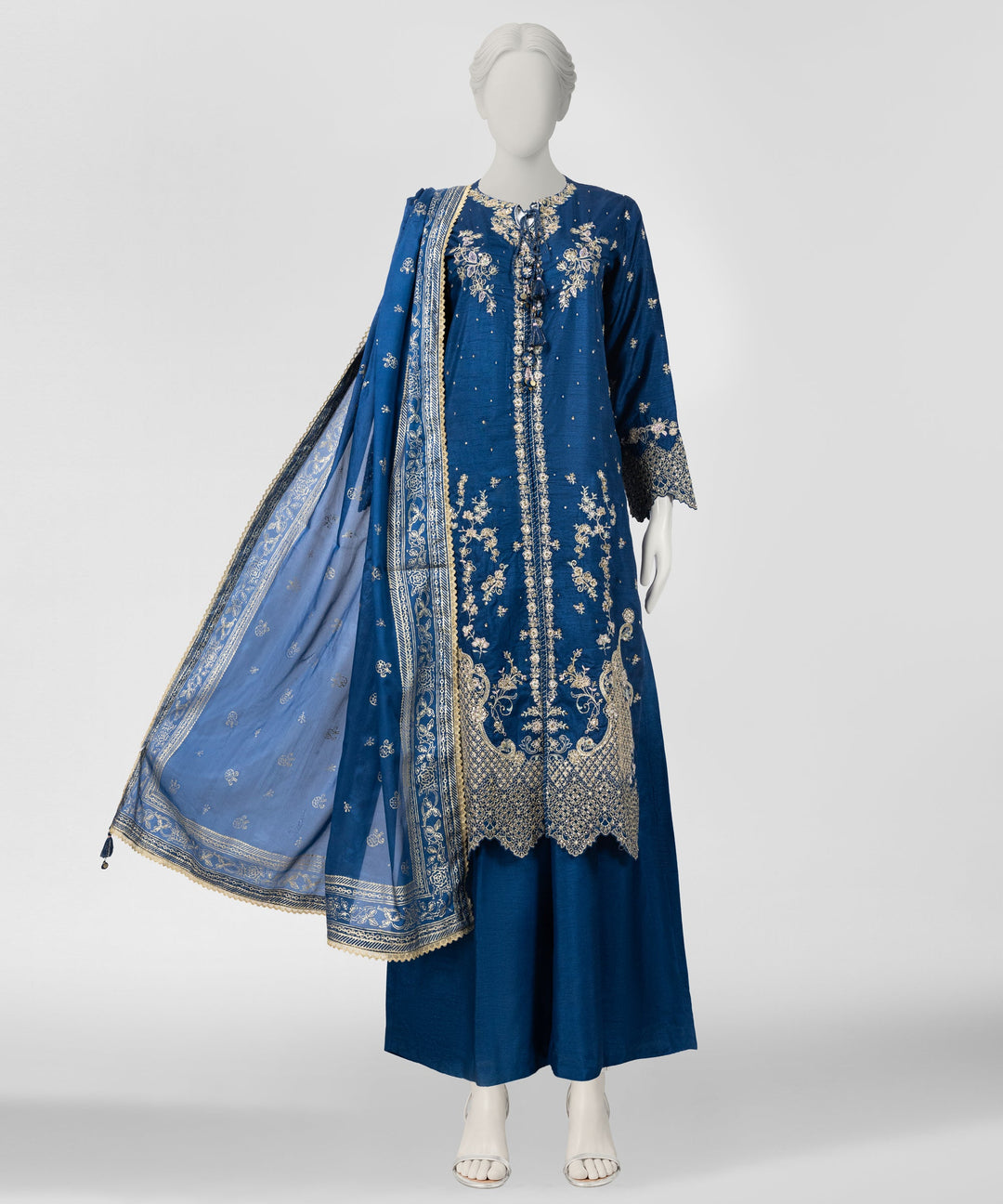 Raw Silk Royal Blue Stitched Suit - J. Junaid Jamshed