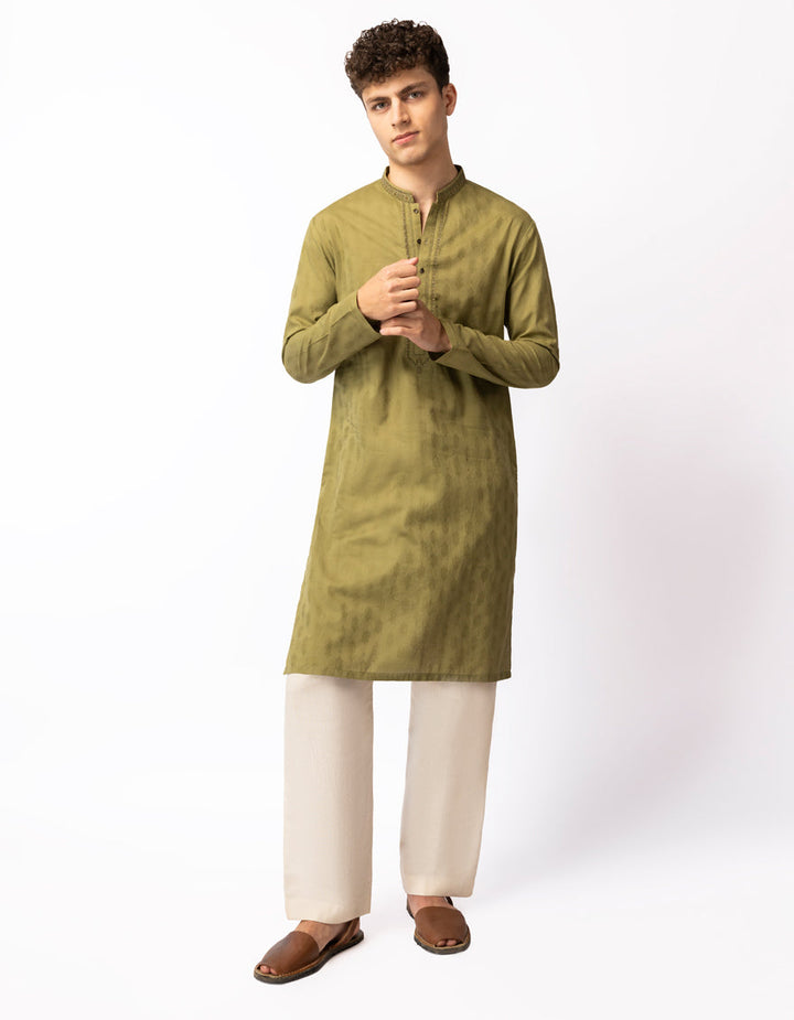 Cotton Mehndi Green Kurta - J. Junaid Jamshed