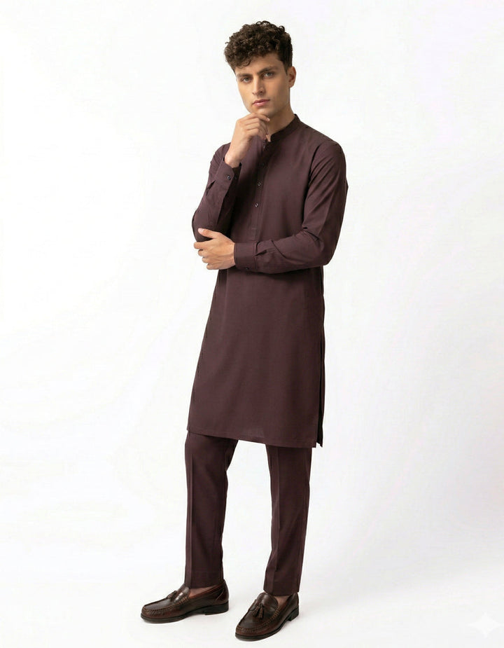 Cotton Maroon Kurta Trouser - J. Junaid Jamshed