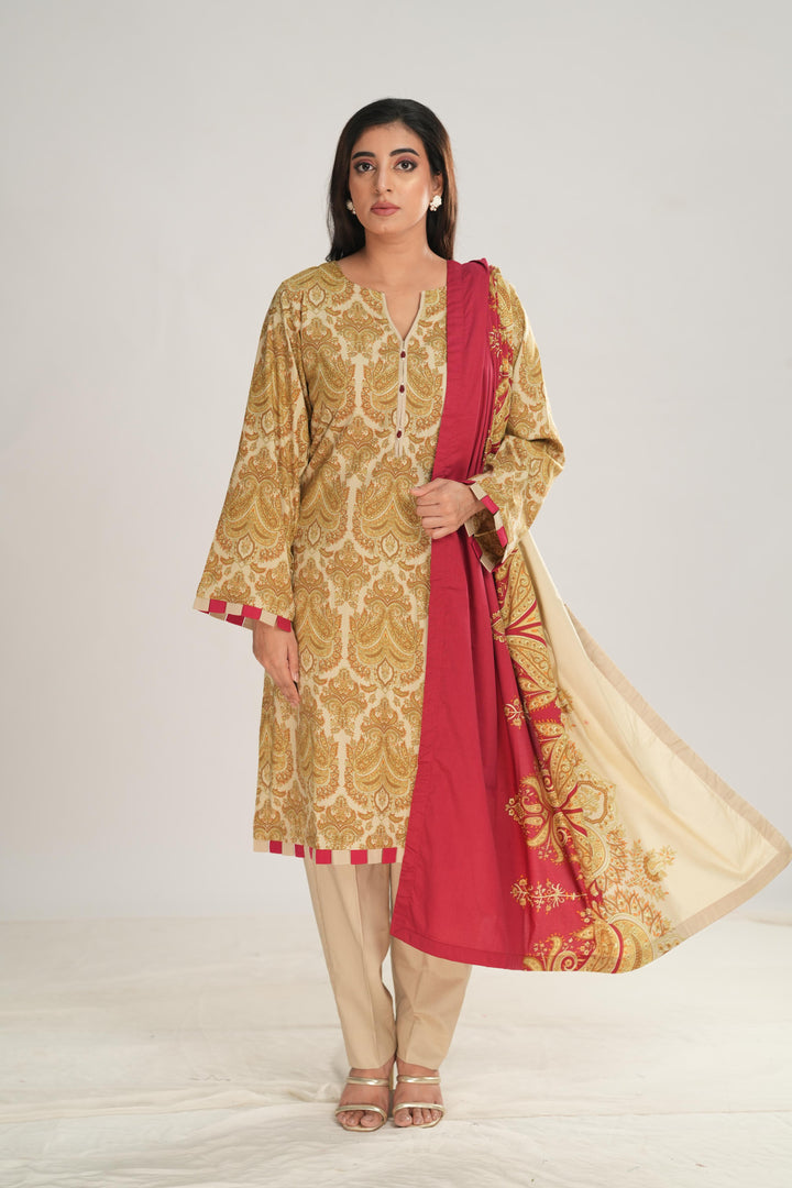 Linen Pink & Off White Stitched Suit - Nishat