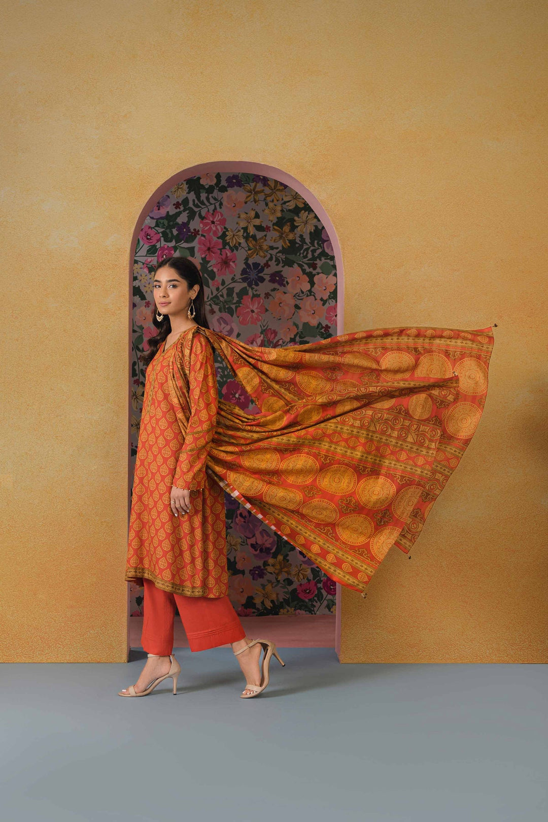 Viscose Lawn Orange Unstitched Suit - Nishat