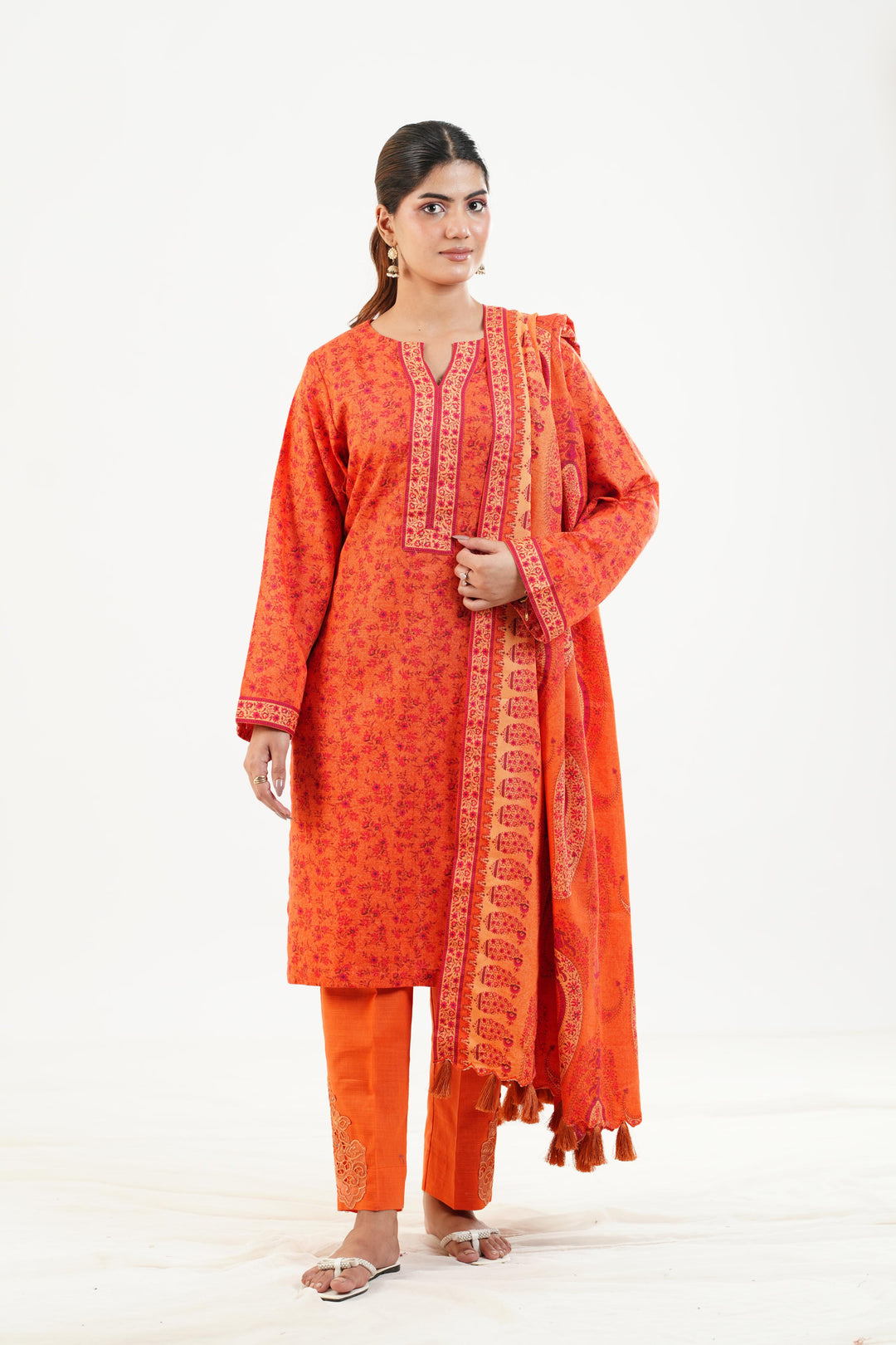 Embroidered Khaddar Orange Stitched Suit - Nishat