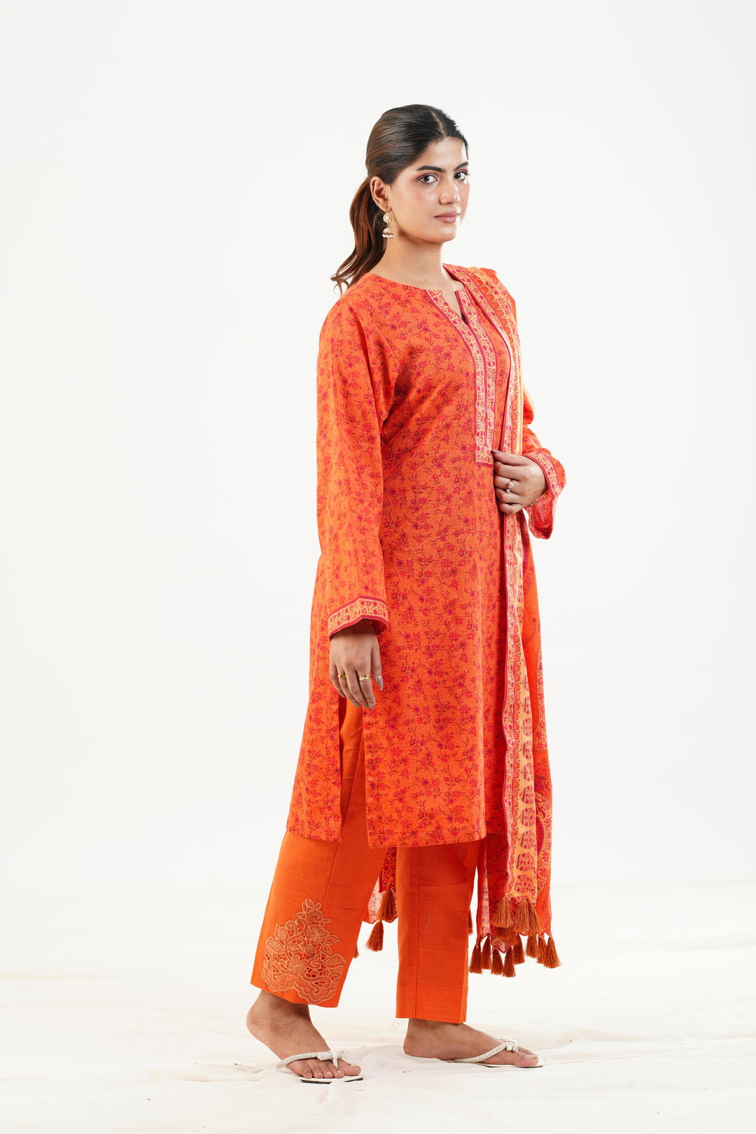 Embroidered Khaddar Orange Stitched Suit - Nishat