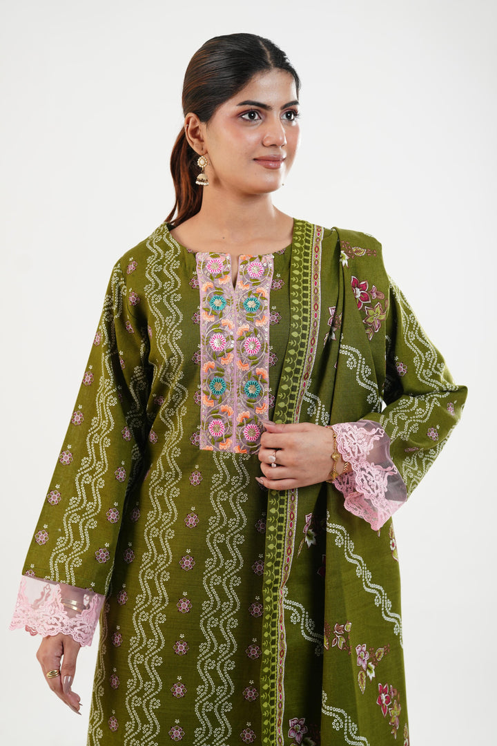 Embroidered Khaddar Dull Green Stitched Suit - Nishat
