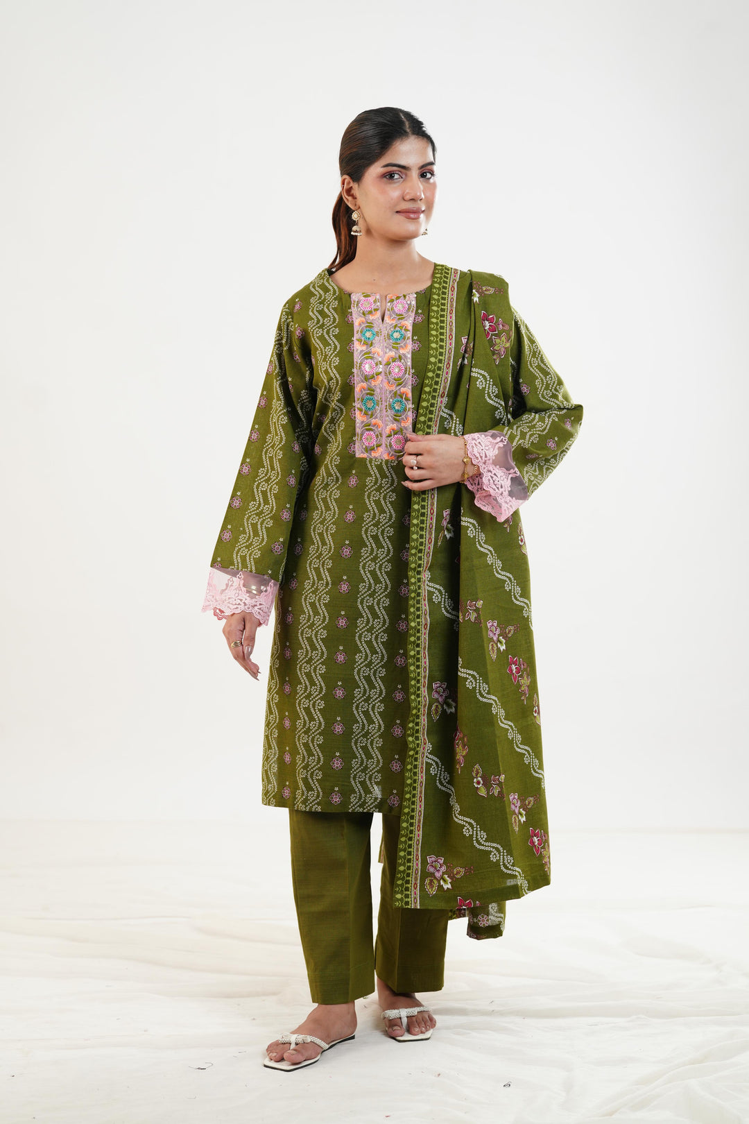 Embroidered Khaddar Dull Green Stitched Suit - Nishat