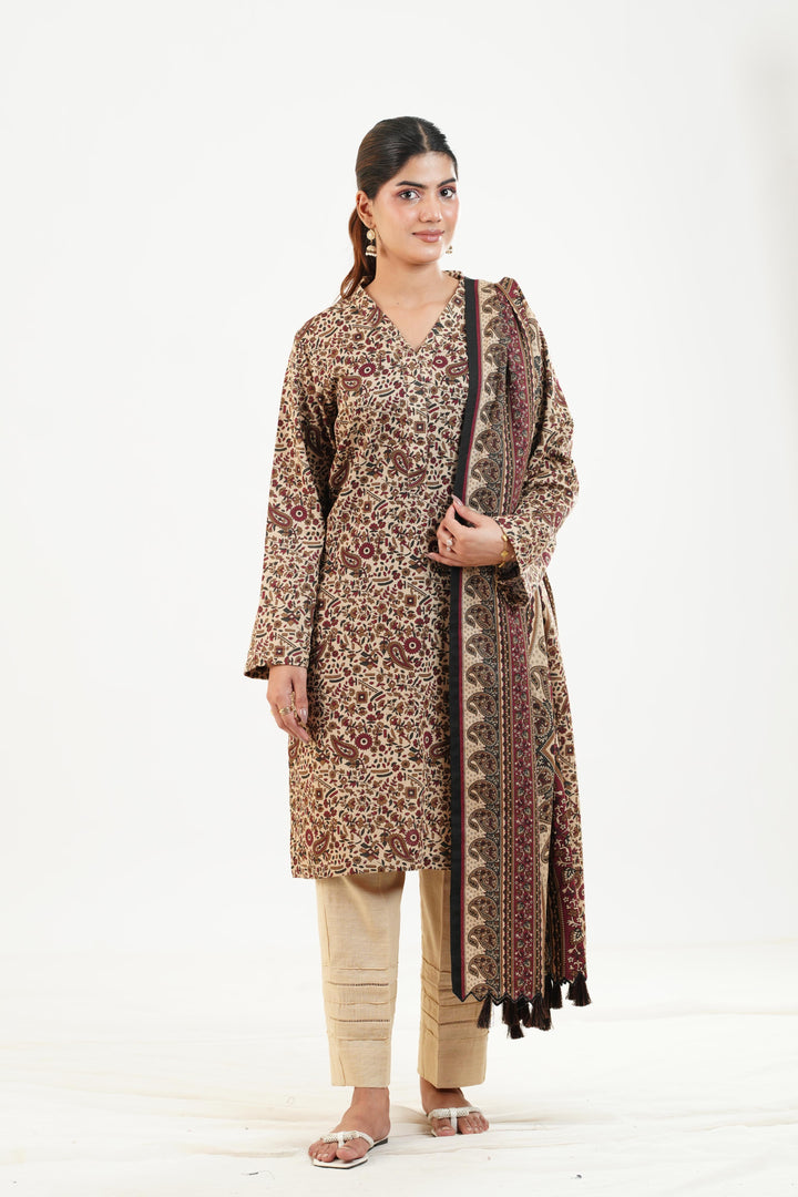 Printed Khaddar Off White Stitched Suit - Nishat