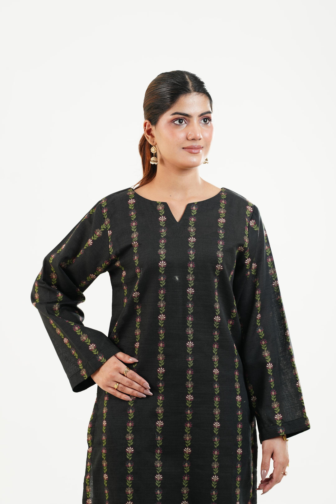 Printed Linen Black Stitched Suit - Nishat