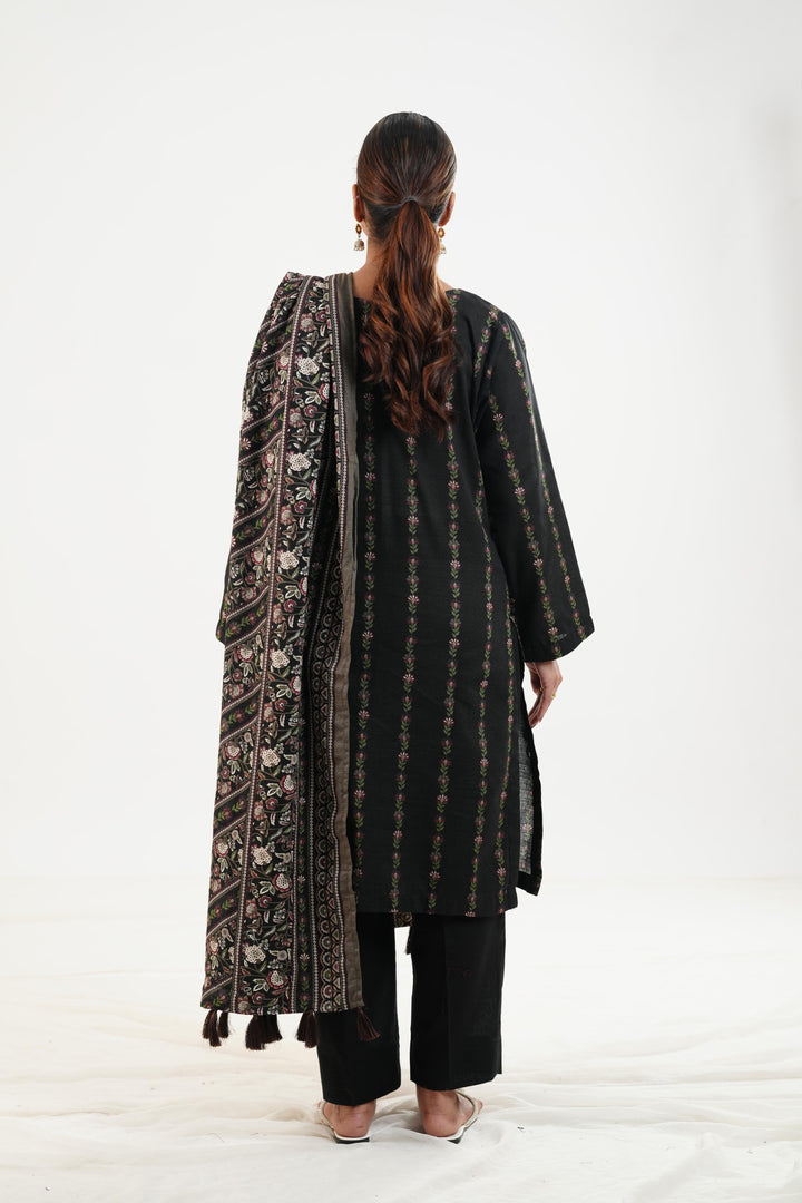 Printed Linen Black Stitched Suit - Nishat