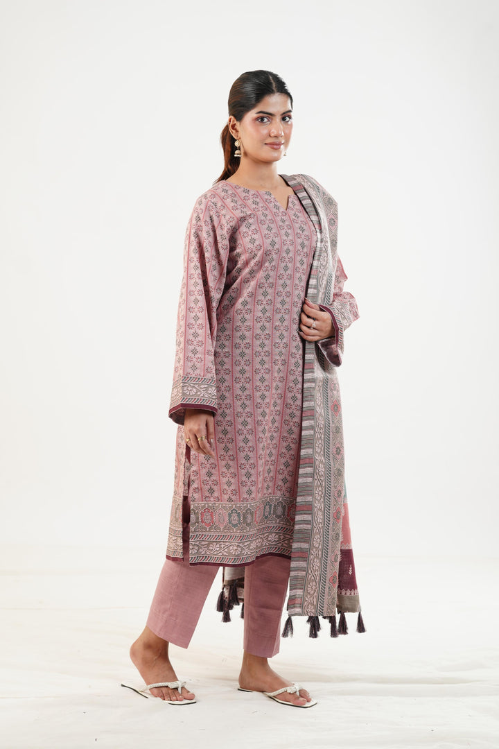 Printed Linen Tea Pink Stitched Suit - Nishat
