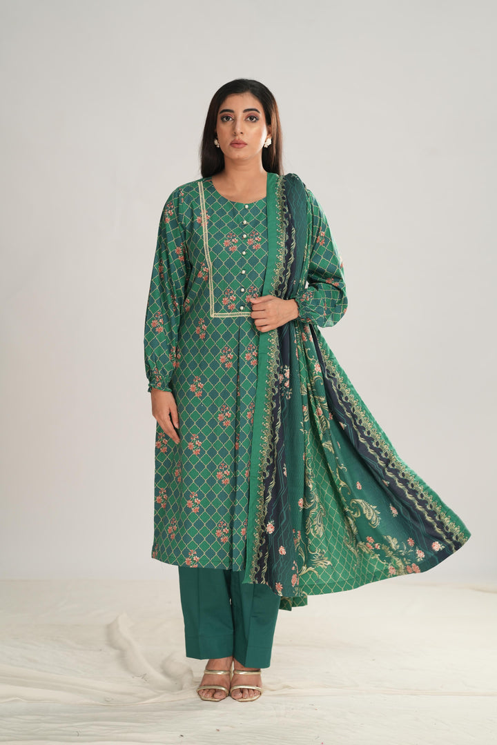 Linen Teal Green Stitched Suit - Nishat