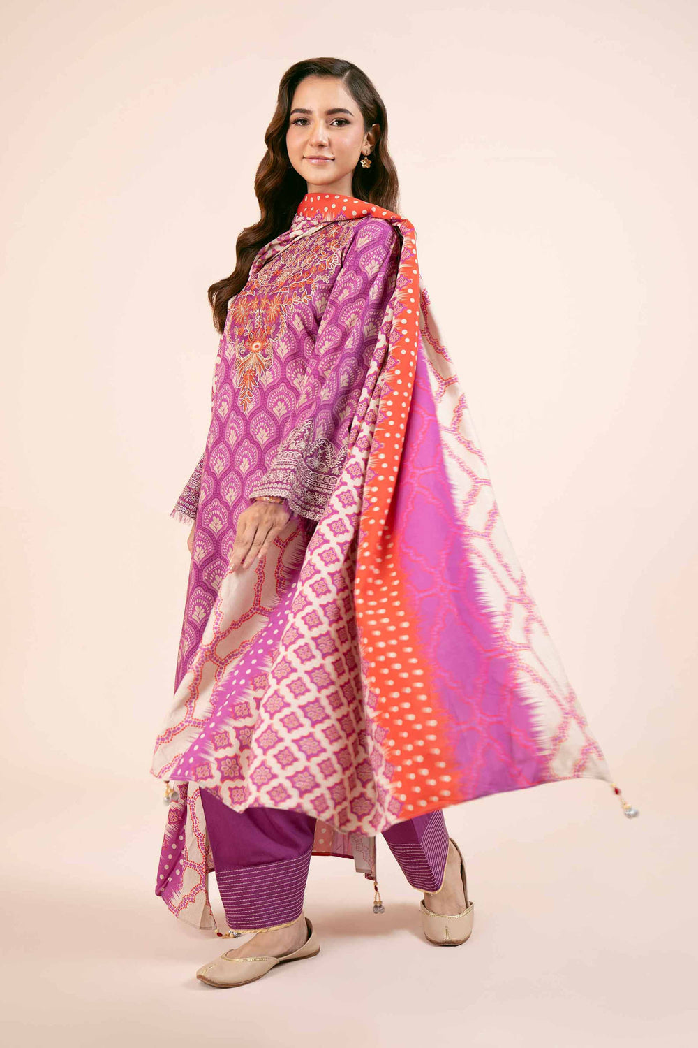 Printed Linen Purple Unstitched Suit - Nishat