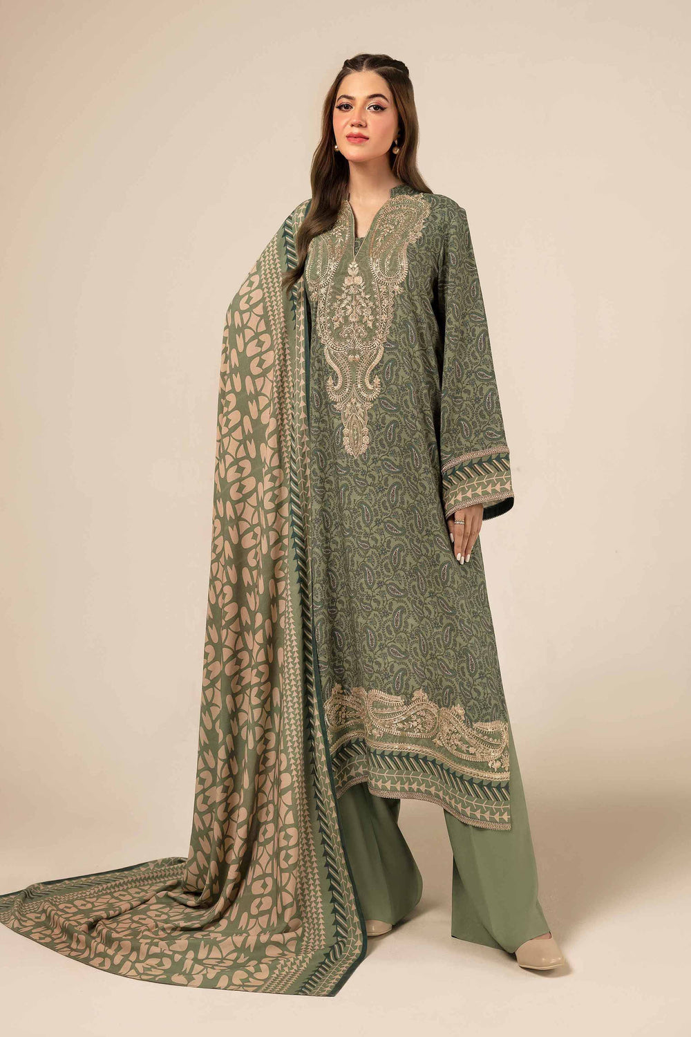 Printed Linen Cream Unstitched Suit - Nishat