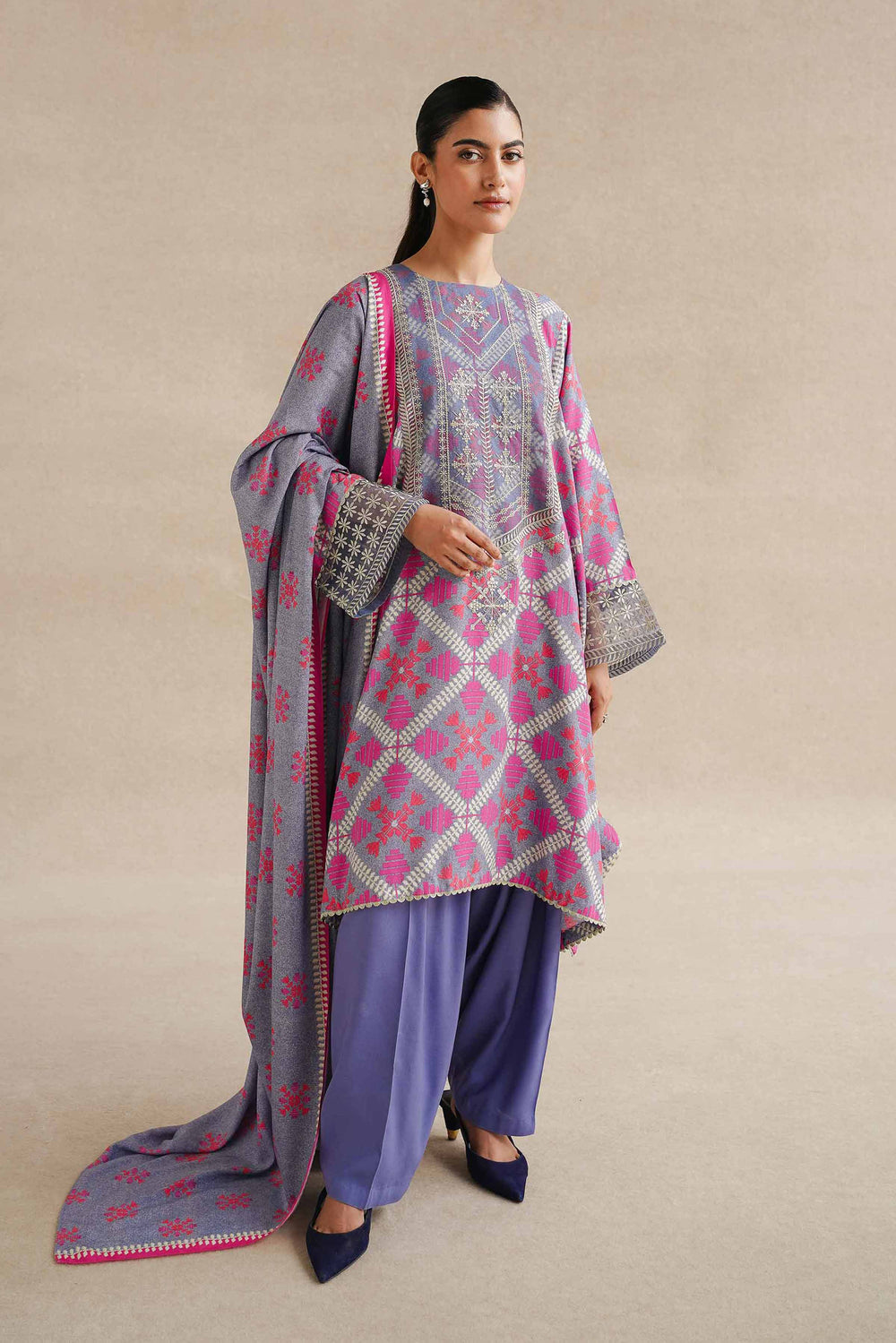 Printed Linen Pink & Blue Unstitched Suit - Nishat