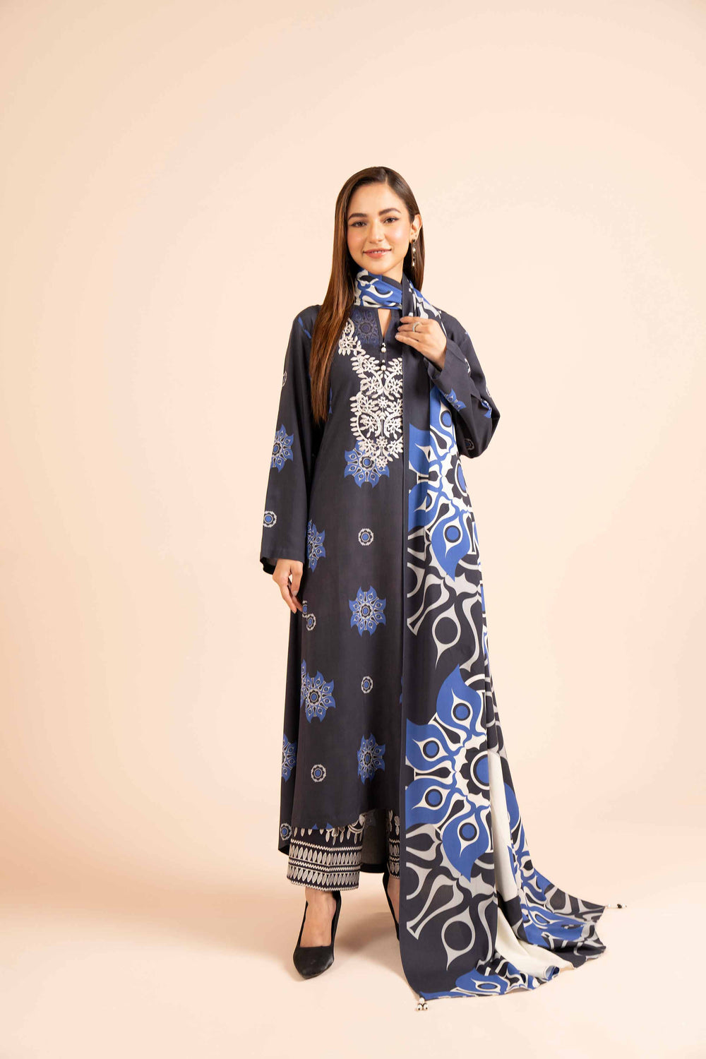 Printed Linen Black Unstitched Suit - Nishat