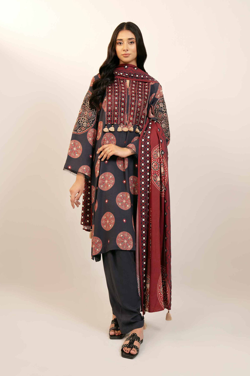 Printed Linen Black Unstitched Suit - Nishat