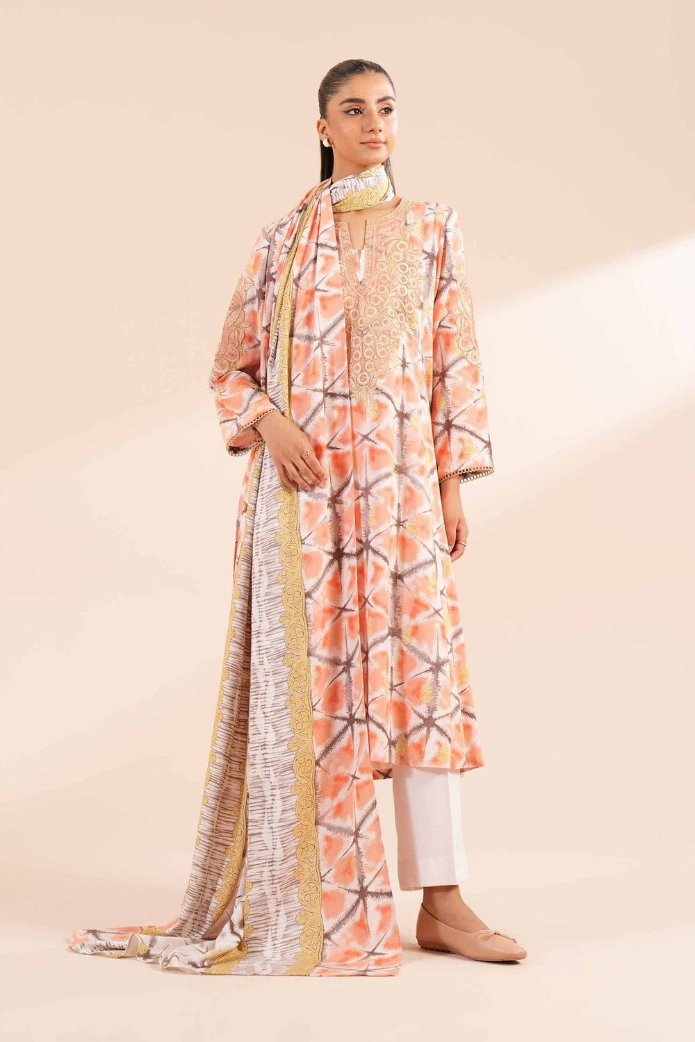 Printed Linen Beige Unstitched Suit - Nishat