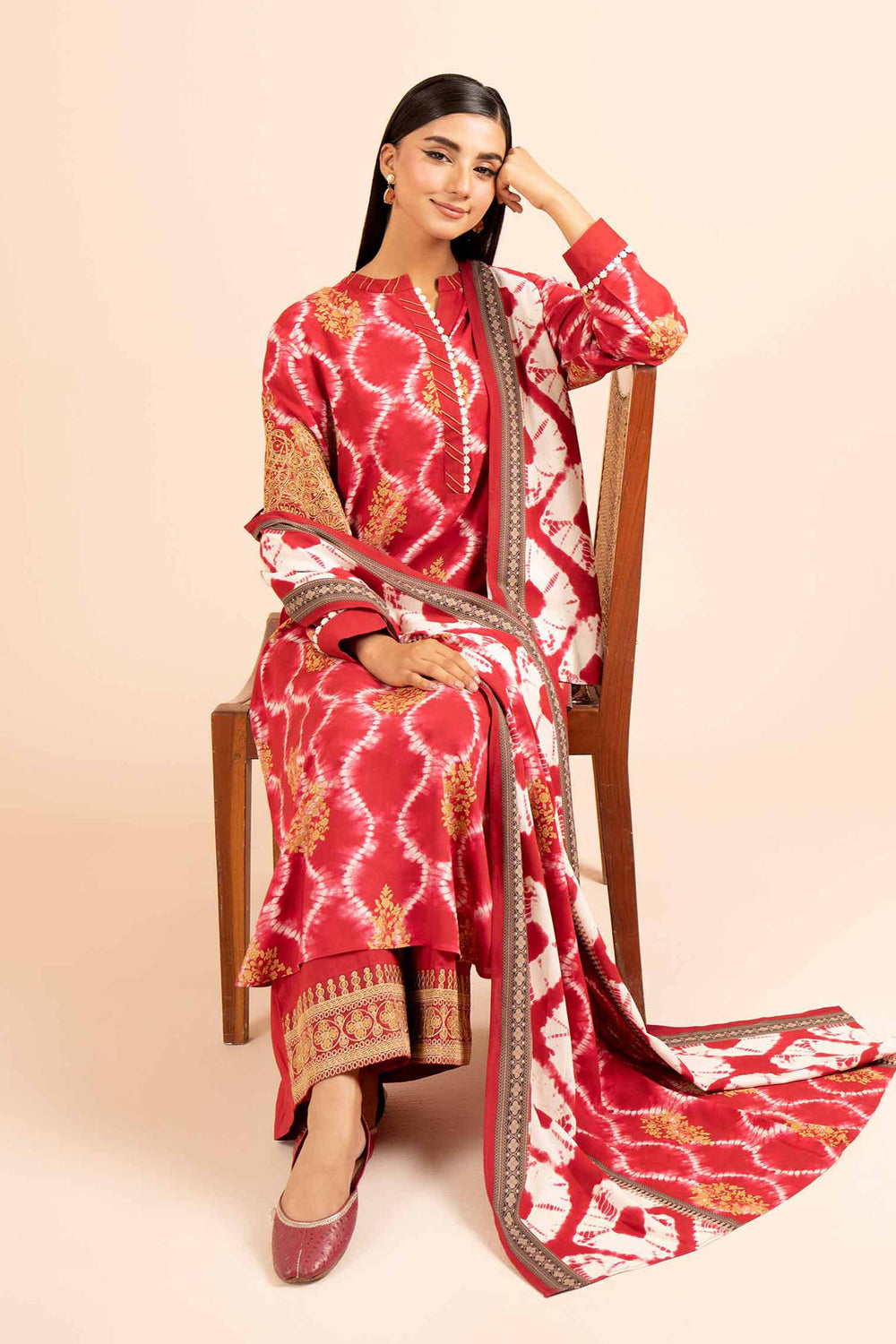 Printed Linen Red Unstitched Suit - Nishat