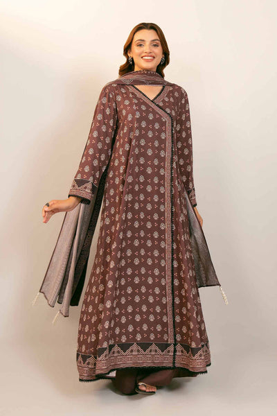 Printed Linen Maroon Stitched Suit - Nishat