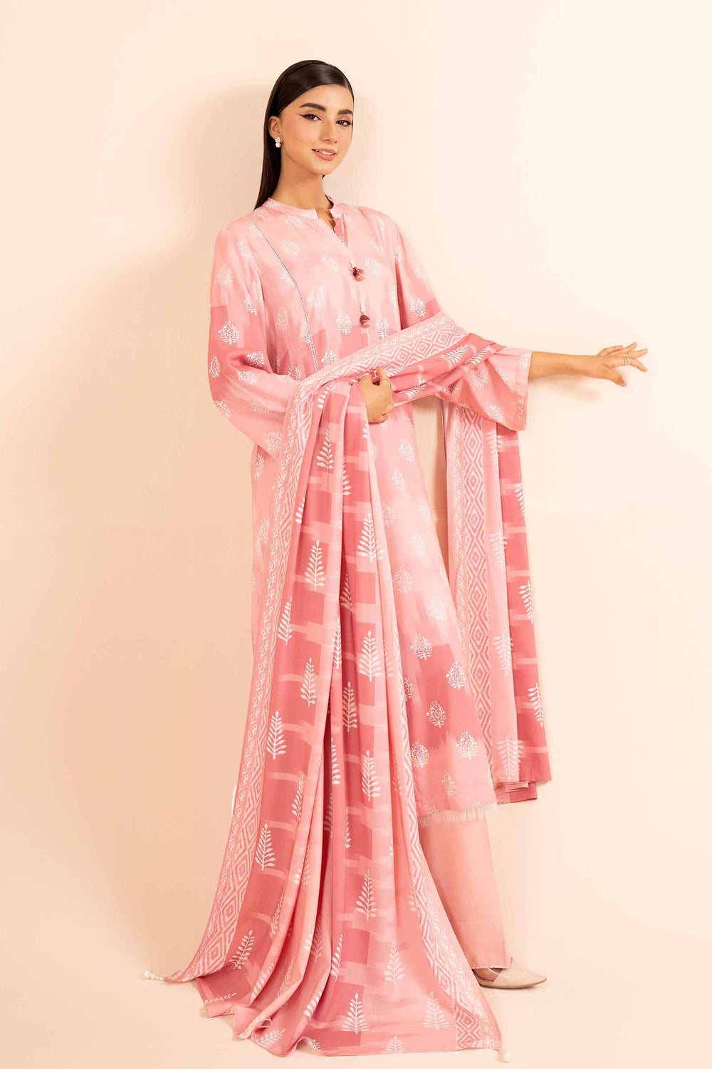 Printed Linen Tea Pink Stitched Suit - Nishat