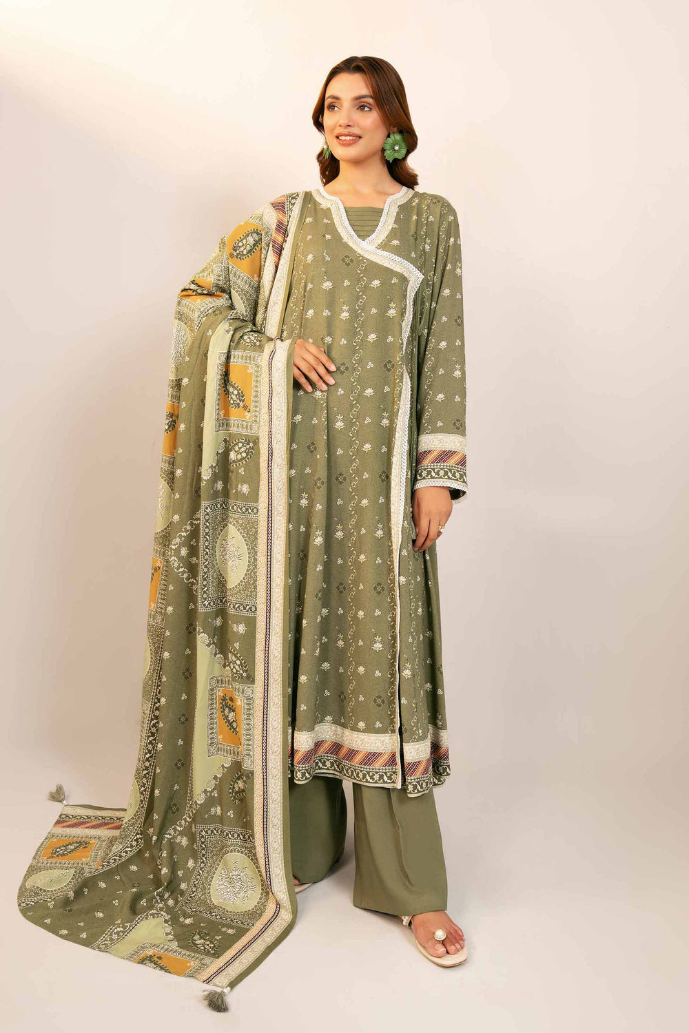 Printed Linen Green Stitched Suit - Nishat